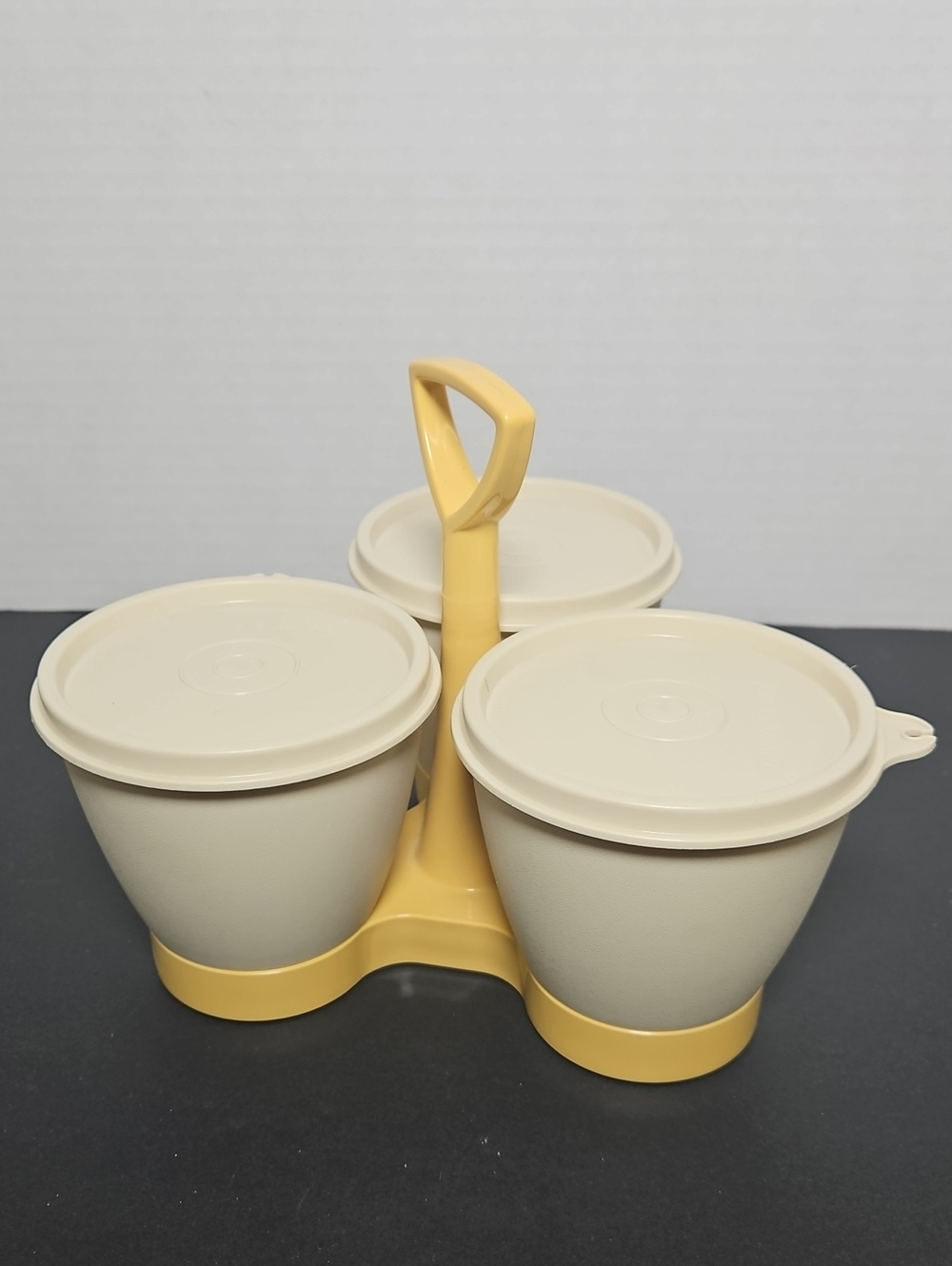 Vintage Tupperware Almond and Harvest Gold Condiment Caddy Set (model 757)